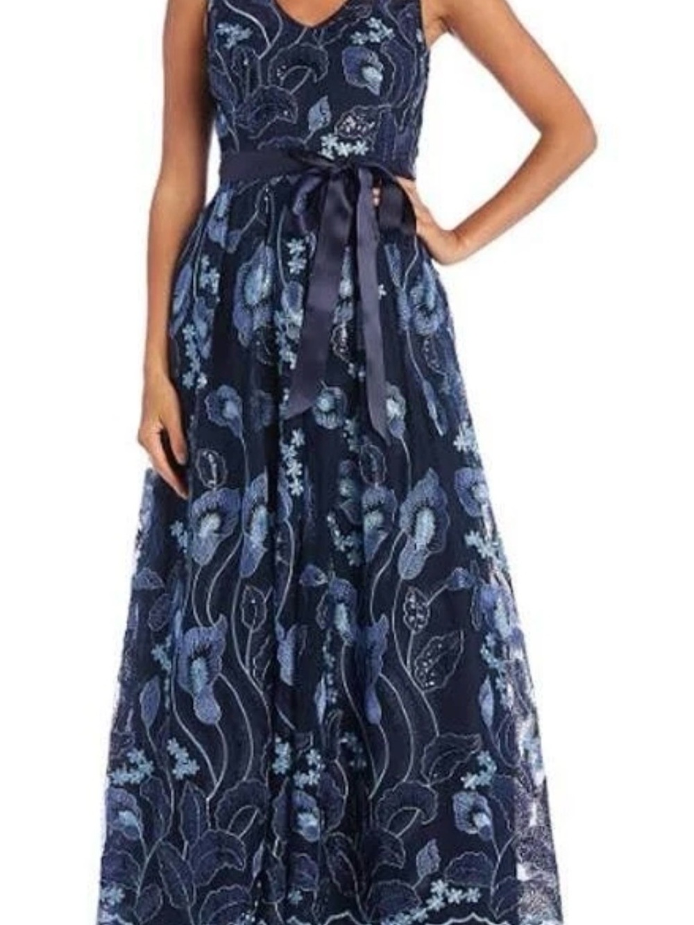 R&M Richards Navy Blue Floral Embroidered V-Neck Maxi Dress with Satin Waist Tie